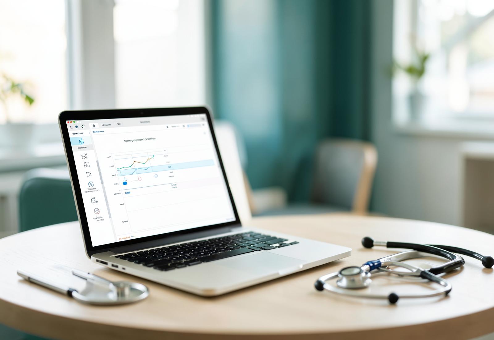A clinician's desk with a laptop showing a medical system form